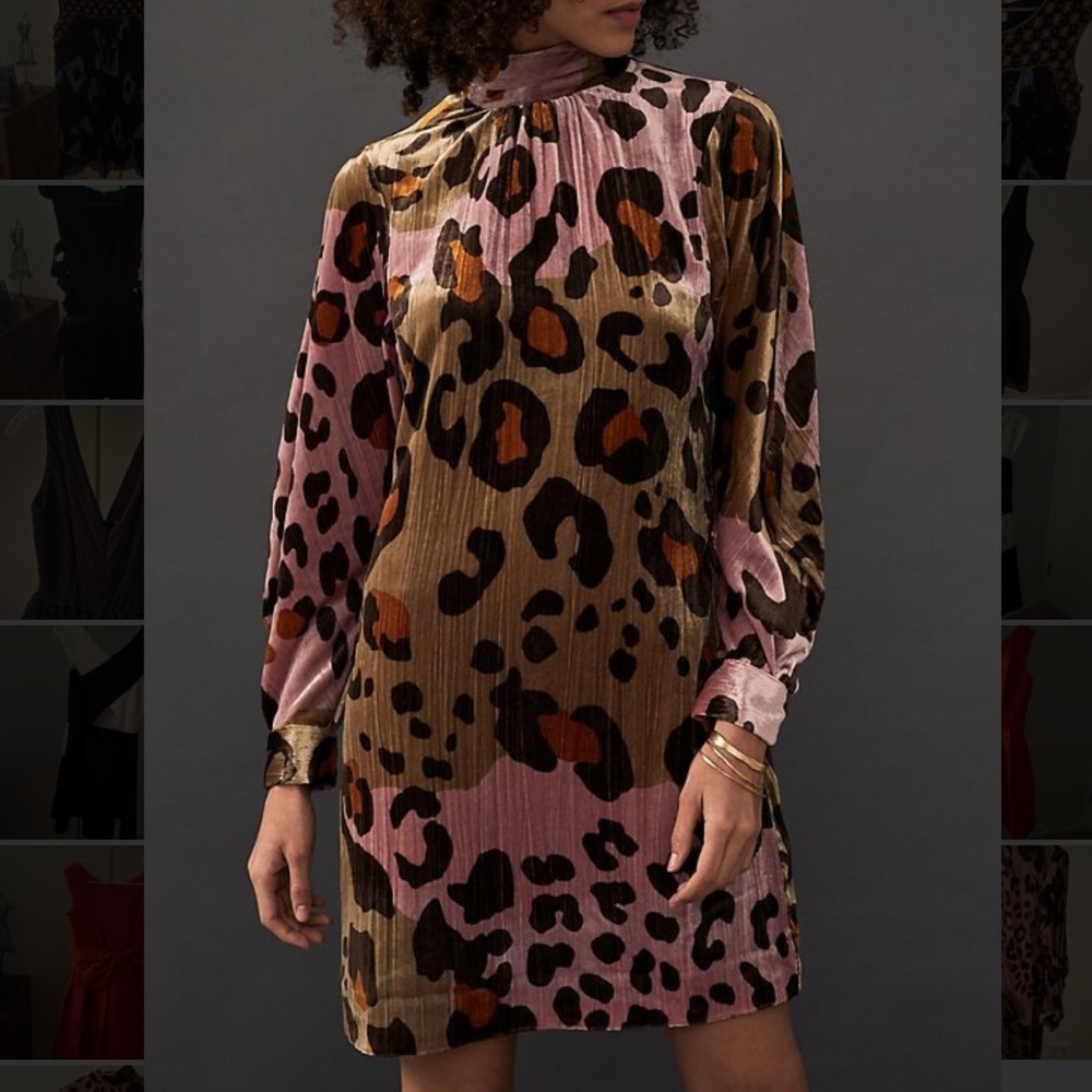 Anthropologie Leopard Print Velvet Dress - Pink and Brown